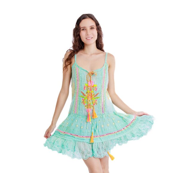 Boho Embellished Aqua Blue Sun Dress with tassels and embroidery Cotton Size S - Picture 13 of 13